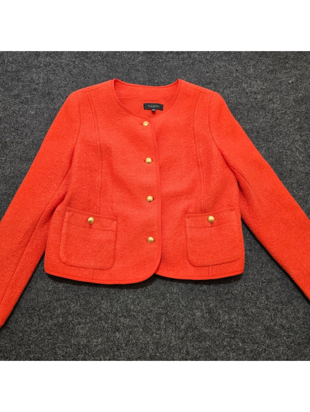 Talbots Boiled Wool Blend Coral Red Jacket Blazer Size 10 Gold Crest Button Crop
